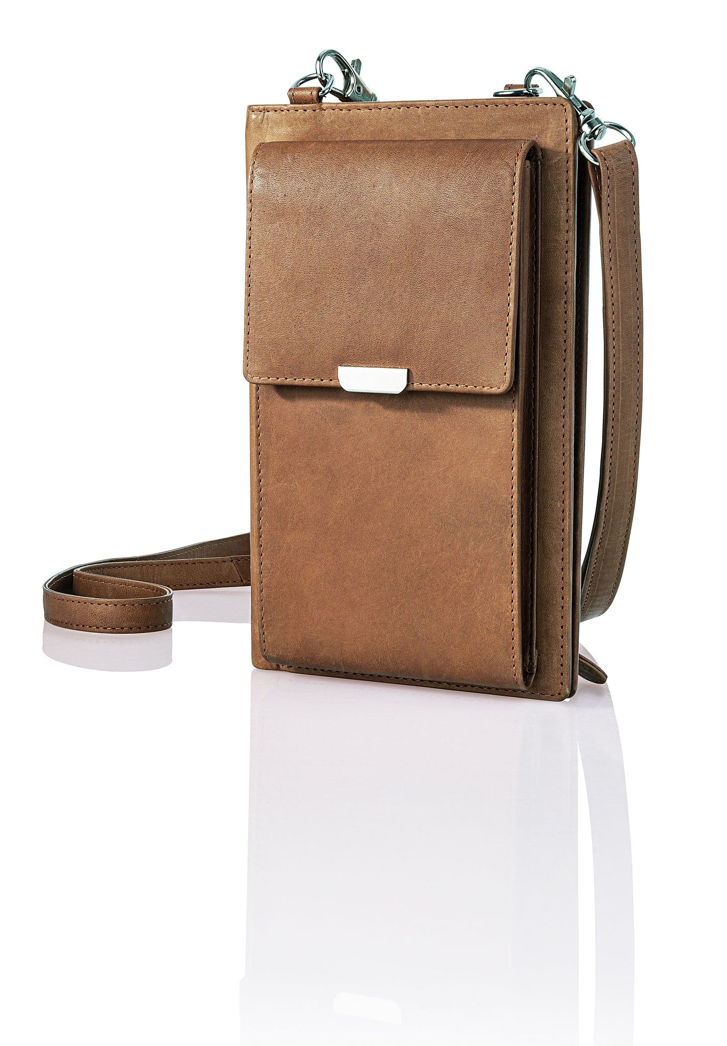 Handy-Umhängetasche mit Kartenfächern, Leder (Farbe: cognac)