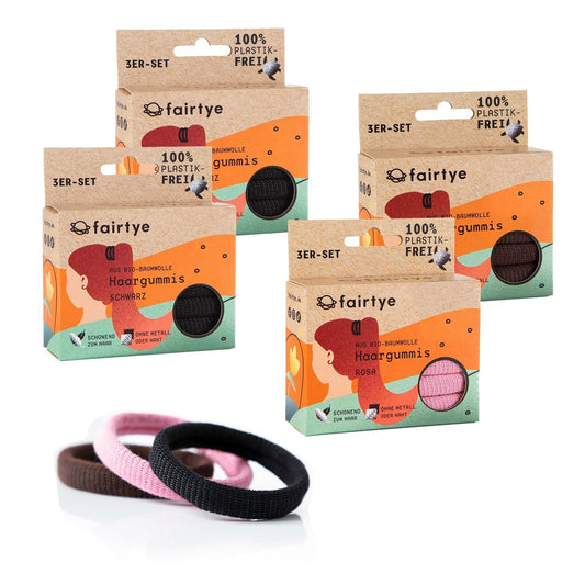 fairtye Haargummi 4 x 3er-Set (2 x schwarz / 1 x braun / 1 x rosa)