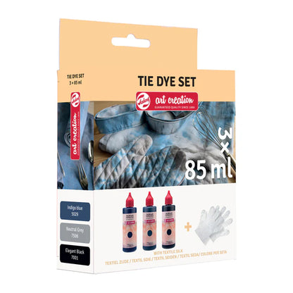 Talens Art Creation - Textilfarbe 3 x 85 ml (blau, grau, schwarz) + Handschuhe