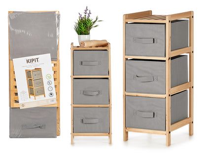 Bambusregal "Kipit" mit 3 grauen Schubladen (28.5 x 26 x 71 cm)