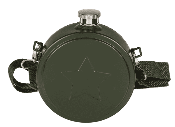 Flachmann "Militär" als Feldflasche mit Schulterriemen, Edelstahl