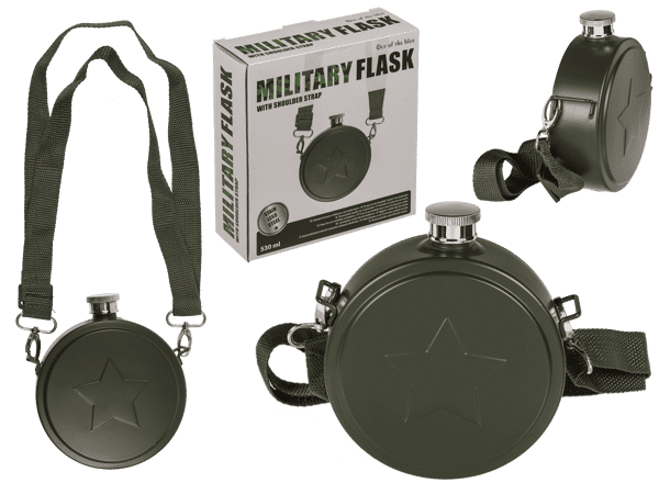Flachmann "Militär" als Feldflasche mit Schulterriemen, Edelstahl