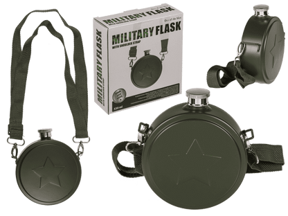 Flachmann "Militär" als Feldflasche mit Schulterriemen, Edelstahl
