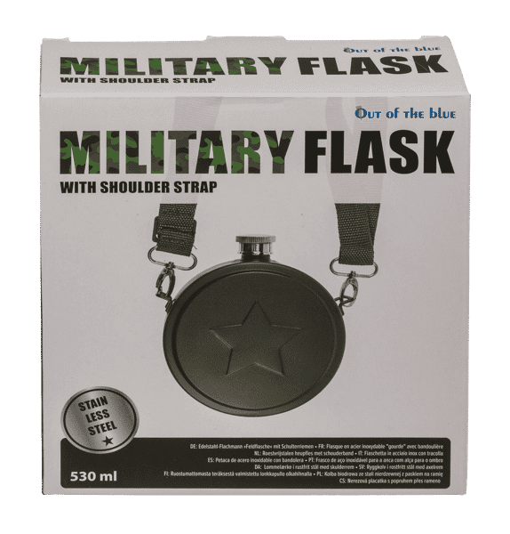 Flachmann "Militär" als Feldflasche mit Schulterriemen, Edelstahl