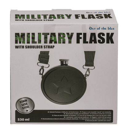 Flachmann "Militär" als Feldflasche mit Schulterriemen, Edelstahl