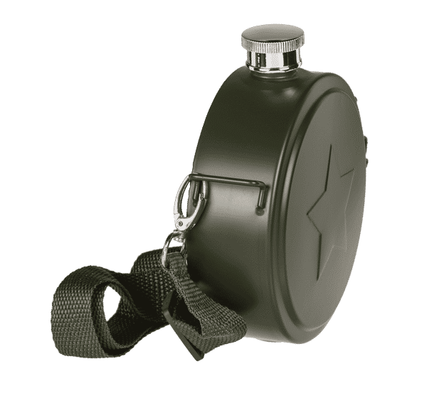 Flachmann "Militär" als Feldflasche mit Schulterriemen, Edelstahl
