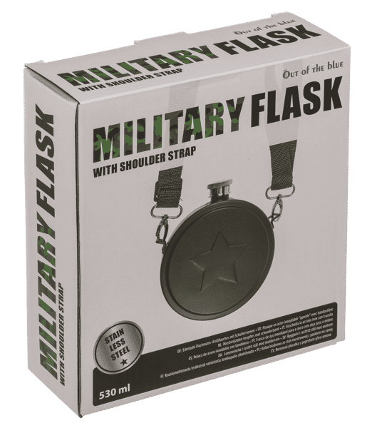 Flachmann "Militär" als Feldflasche mit Schulterriemen, Edelstahl