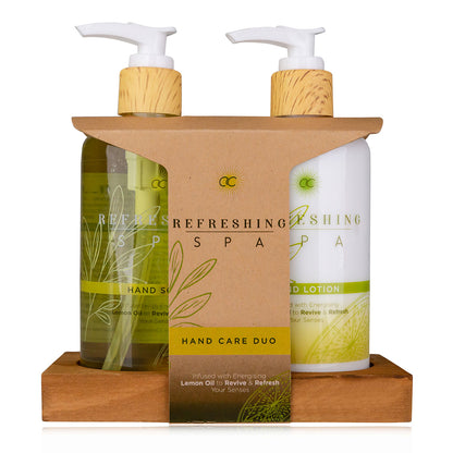 Handpflegeset "Refreshing Spa", auf Holztablar