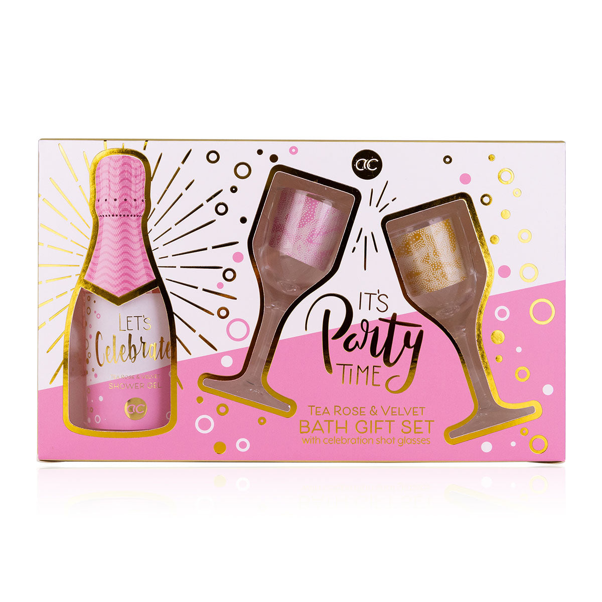 Geschenkset "Let's Clebrate", Duschgel mit Schnapsgläser in Sektglasform