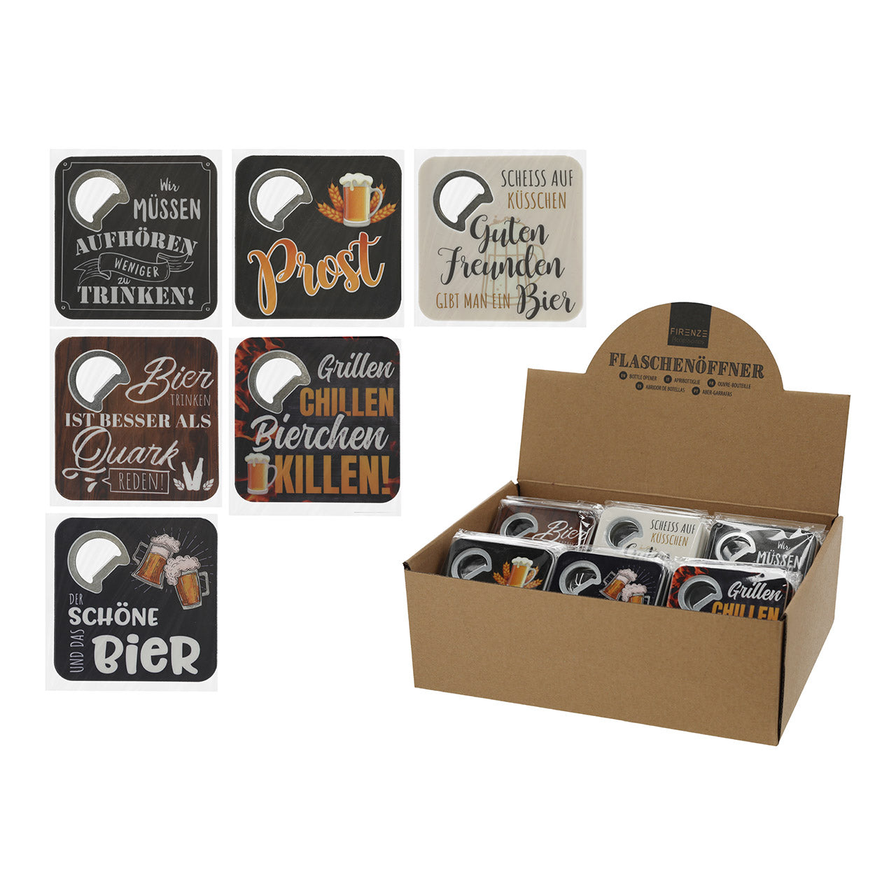 Bierdeckel mit Flaschenöffner und Spruch, aus Metall, assortiert