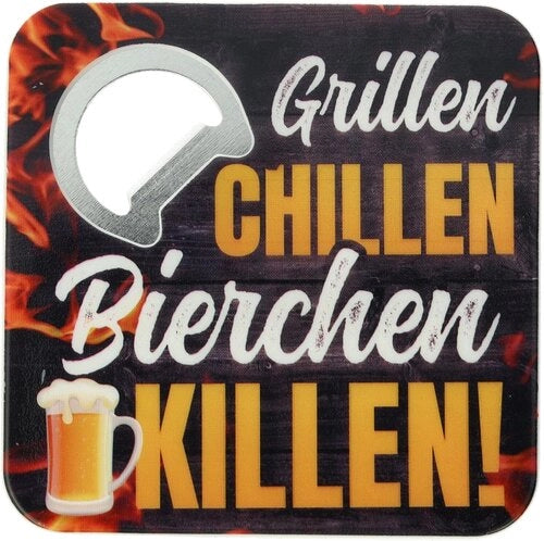 Bierdeckel mit Flaschenöffner, "Grillen, chillen, Bierchen killen!", aus Metall