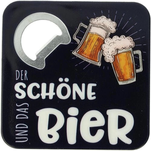 Bierdeckel mit Flaschenöffner, "Der schöne und das Bier", aus Metall