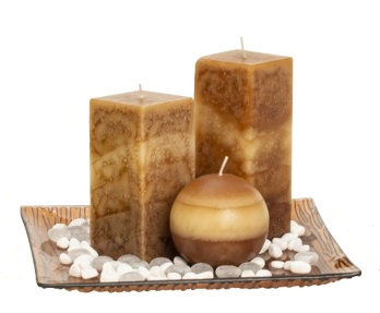 Dekoratives Kerzenset inkl. Glas-Teller, 3 Duft-Kerzen, Streudeko "Vanille"