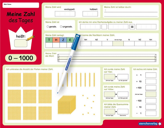 Meine Zahl des Tages 0-1000 - wiederbeschreibbare Lerntafel mit Stift - Mathematik (Sternchenverlag Gmbh)