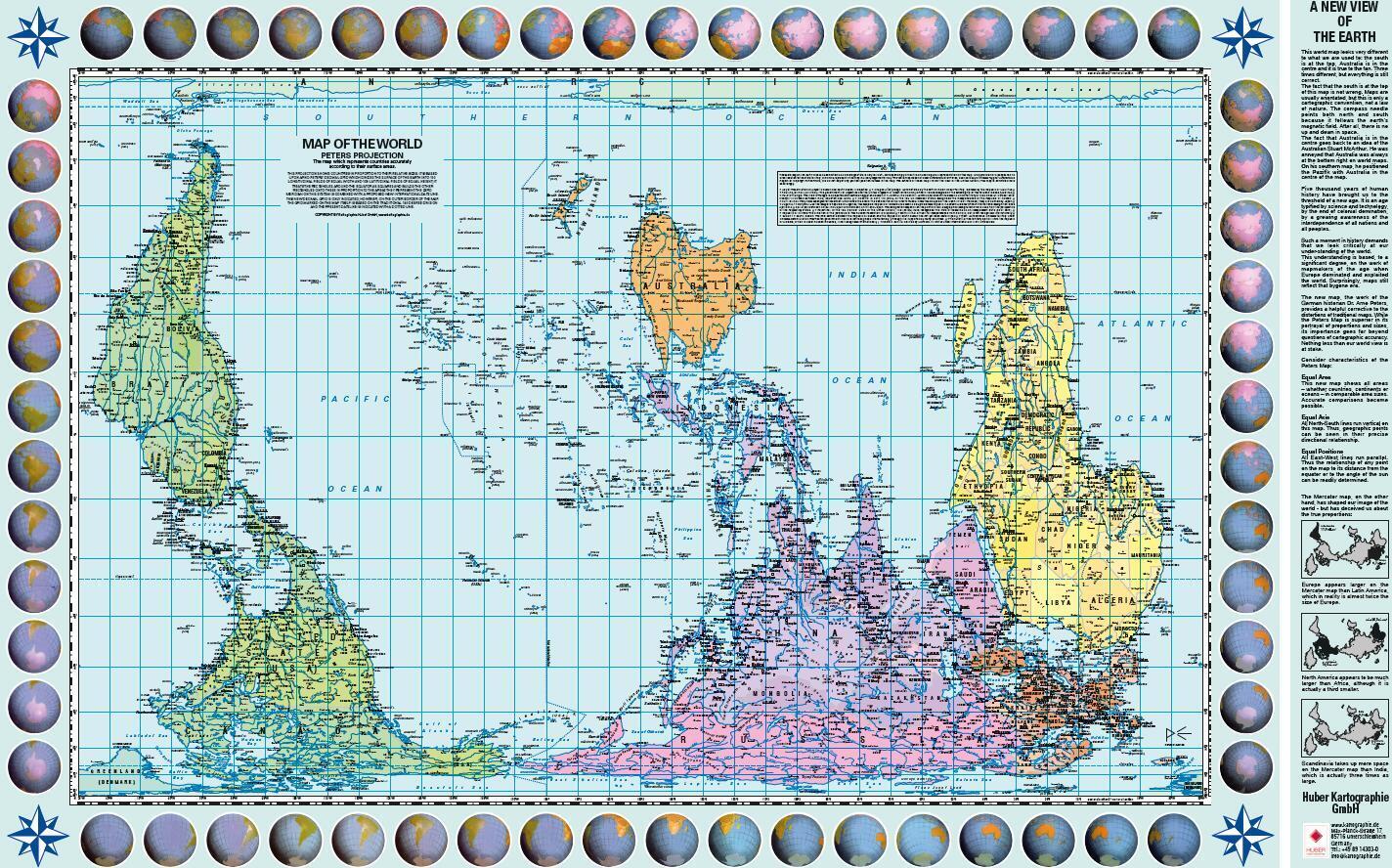 Poster Weltkarte Petersprojektion, Up-side-down Englisch, 130x82cm