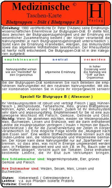 Blutgruppen-Diät - Blutgruppe B - Medizinische Taschen-Karte (Verlag Hawelka)