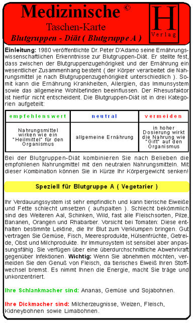 Blutgruppen-Diät - Blutgruppe A - Medizinische Taschen-Karte (Hawelka Verlag)