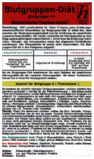 Blutgruppen-Diät - Blutgruppe 0 - Medizinische Taschen-Karte (Hawelka Verlag)