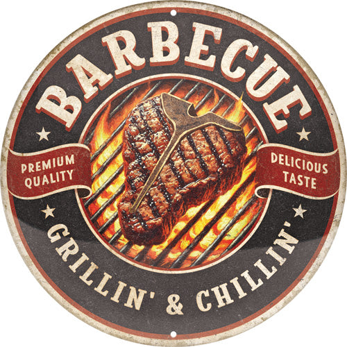 Blechschild "Barbecue - Grillin' & Chillin'", rund (35.0 x 35.5)