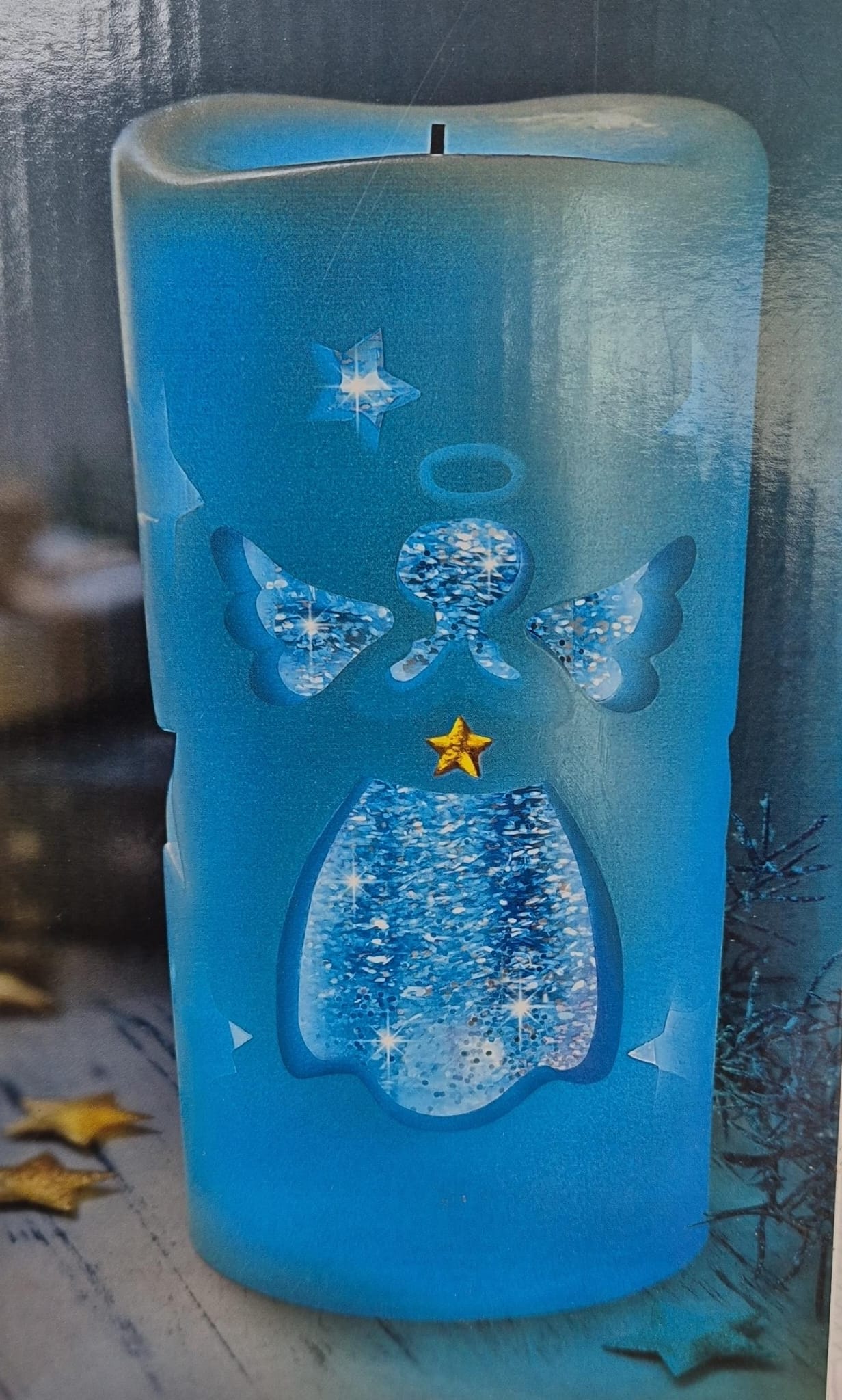 LED-Echtwachskerze "Schutzengel" mit Glitzerwasser