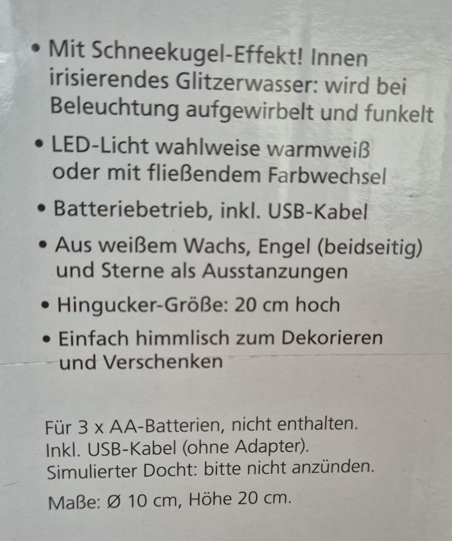 LED-Echtwachskerze "Schutzengel" mit Glitzerwasser