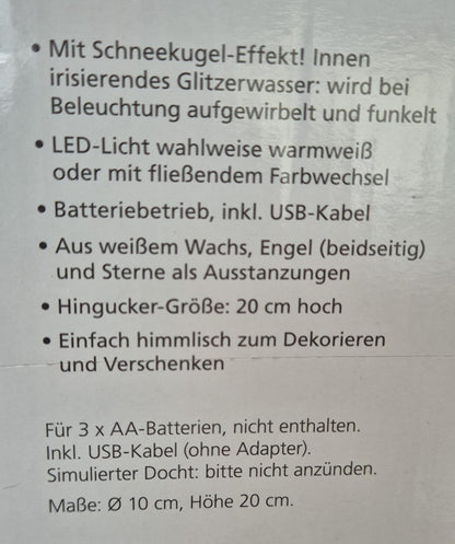 LED-Echtwachskerze "Schutzengel" mit Glitzerwasser