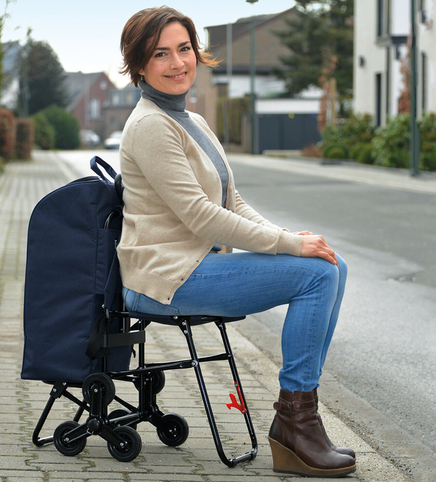 Einkaufstrolley mit Sitz, Rucksackfunktion & Treppensteiger