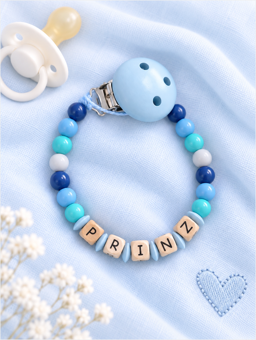 Nuggikette "Prinz" (Farbe: blau/weiss Material: Holz)