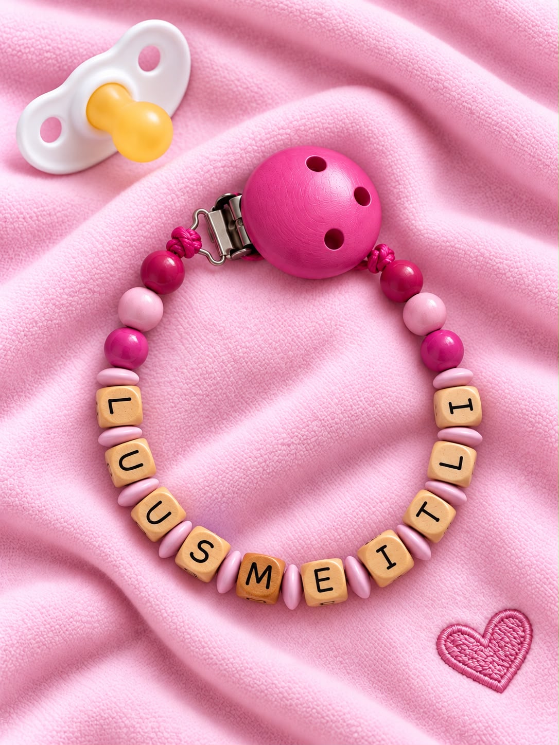 Nuggikette "Luusmeitli" (Farbe: pink/rosa, Material: Holz)