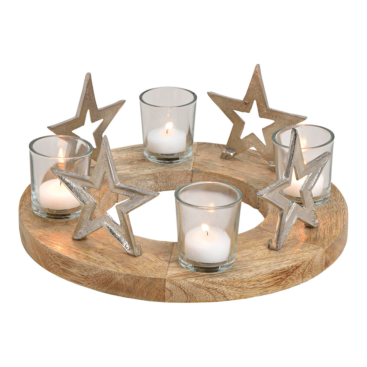 Adventskranz "Stern" aus Mangoholz, Metall und Glas, 30 cm
