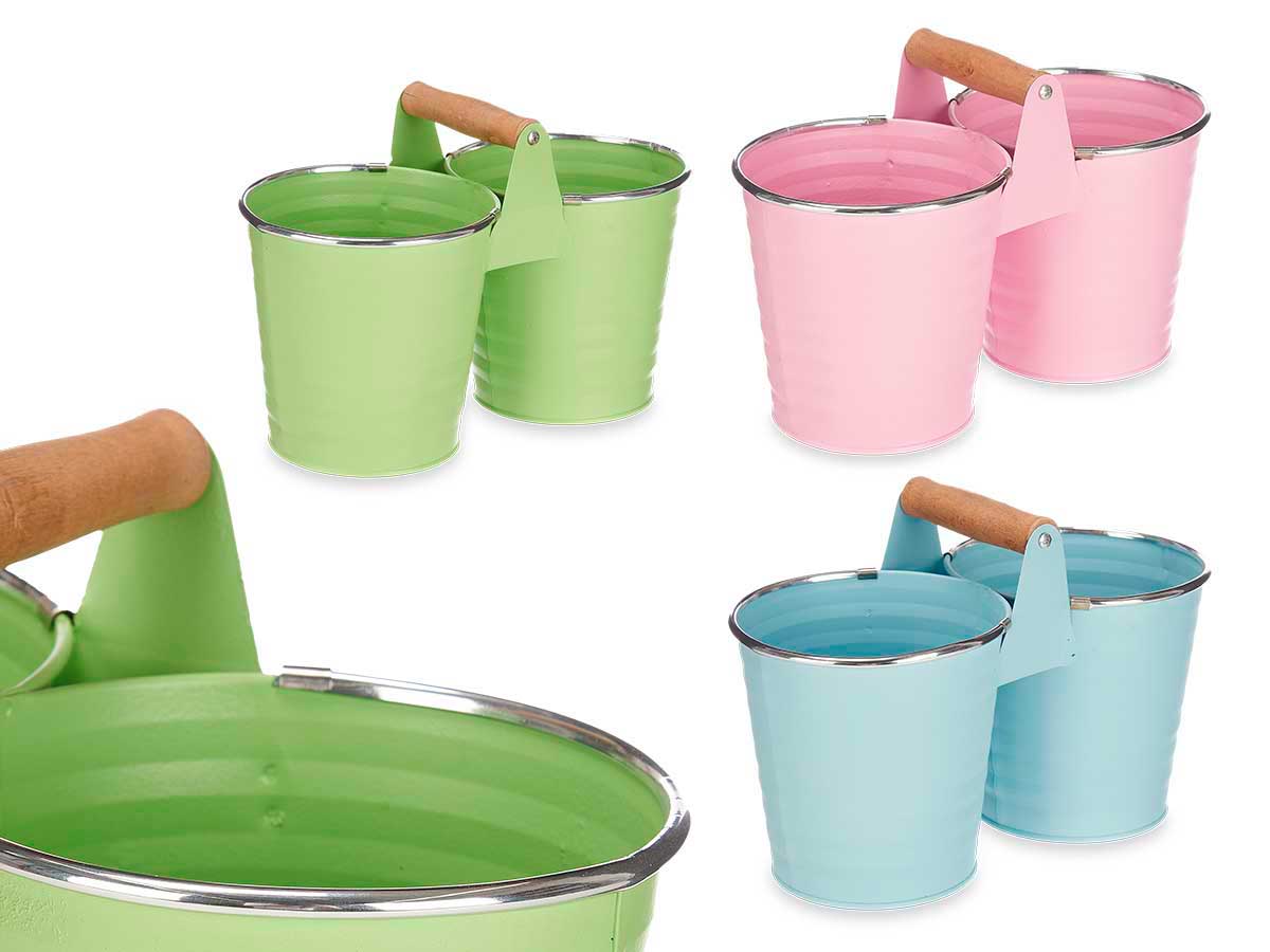 Doppelter Pflanzeimer mit Holzgriff, 3er - Set (pastell grün, blau und rosa)