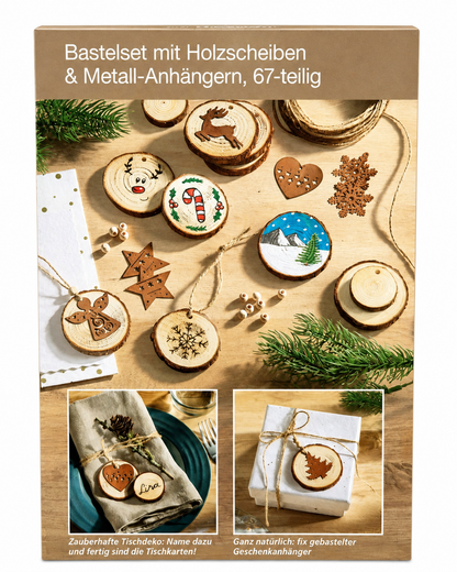 Bastelset Holzscheiben mit Metallanhängern  67-teilig