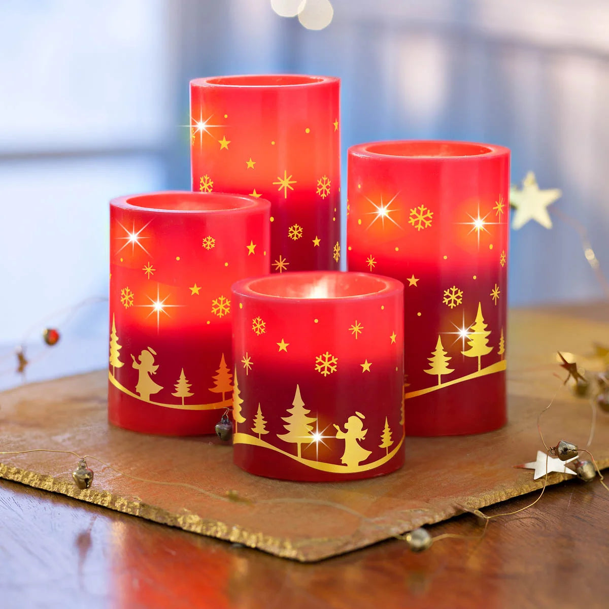LED-Echtwachskerzen "Winterwonderland", 4er-Set