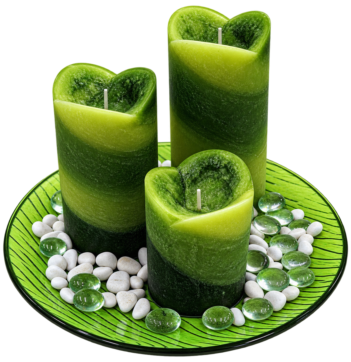 Dekoratives Kerzenset inkl. Glas-Teller, 3 Duft-Kerzen, Streudeko (Green Tea)