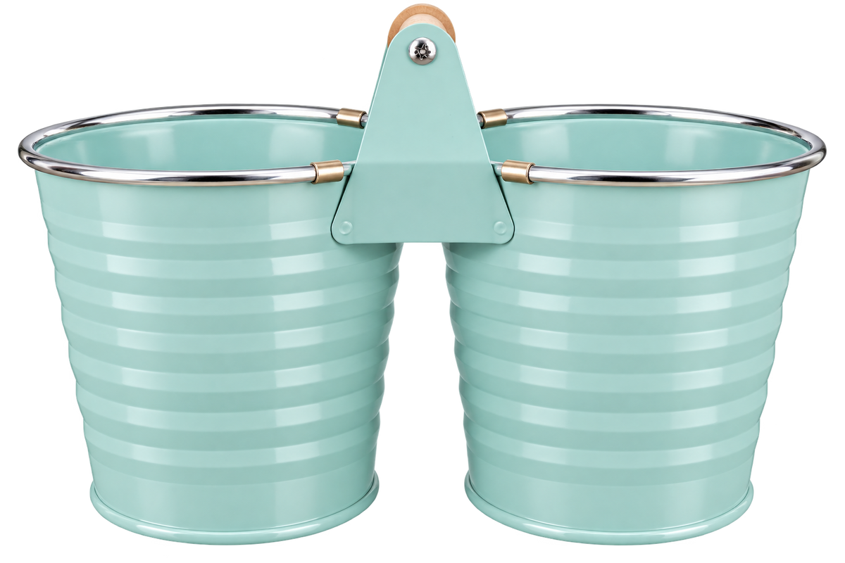 Doppelter Pflanzeimer mit Holzgriff, (pastellblau)