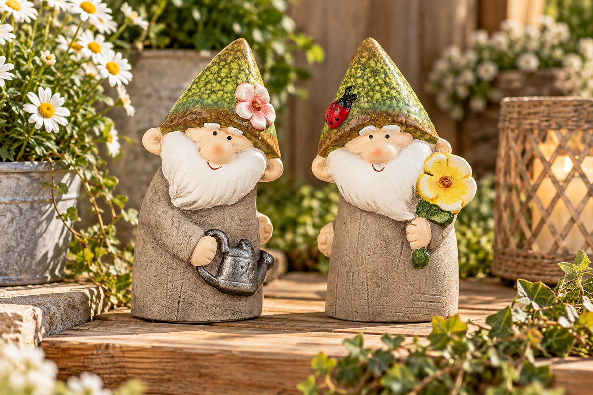 Wichtel stehend mit Giesskanne & Blume in Hand (ca. 14.5 cm) "2er-Set"