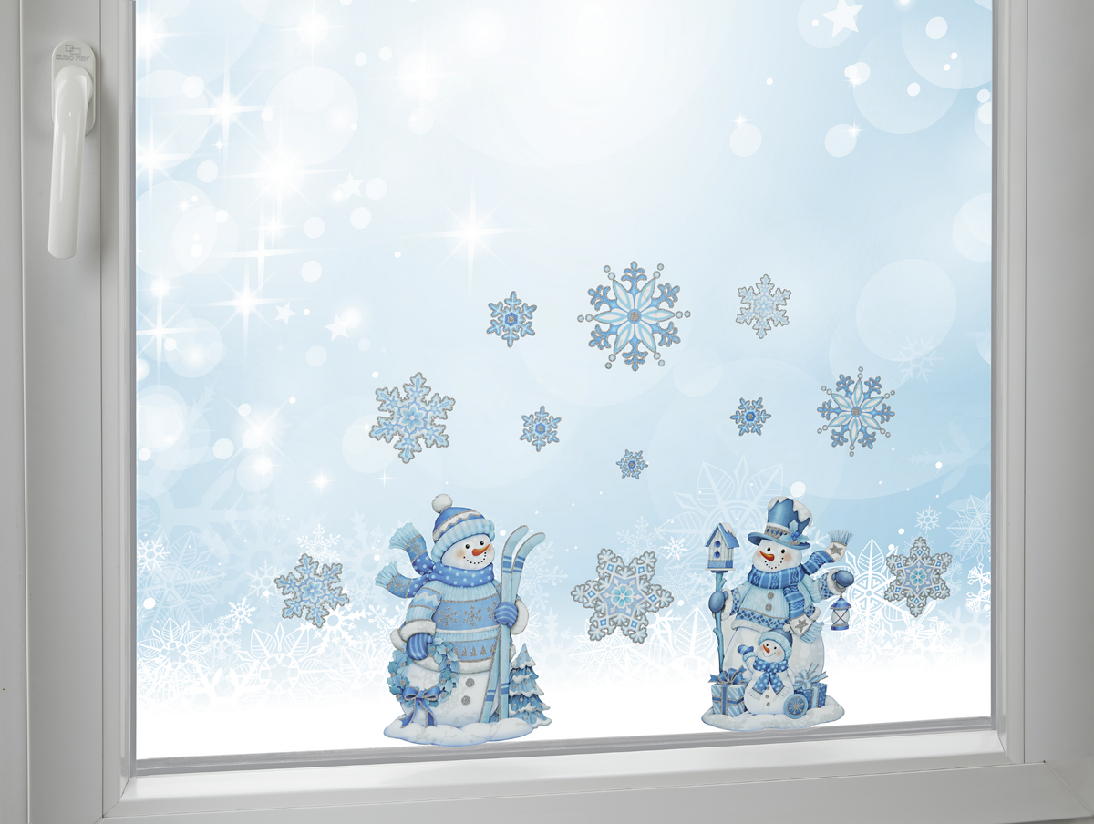 Fenstersticker «Winterfreude» mit Schneemännern und Schneeflocken