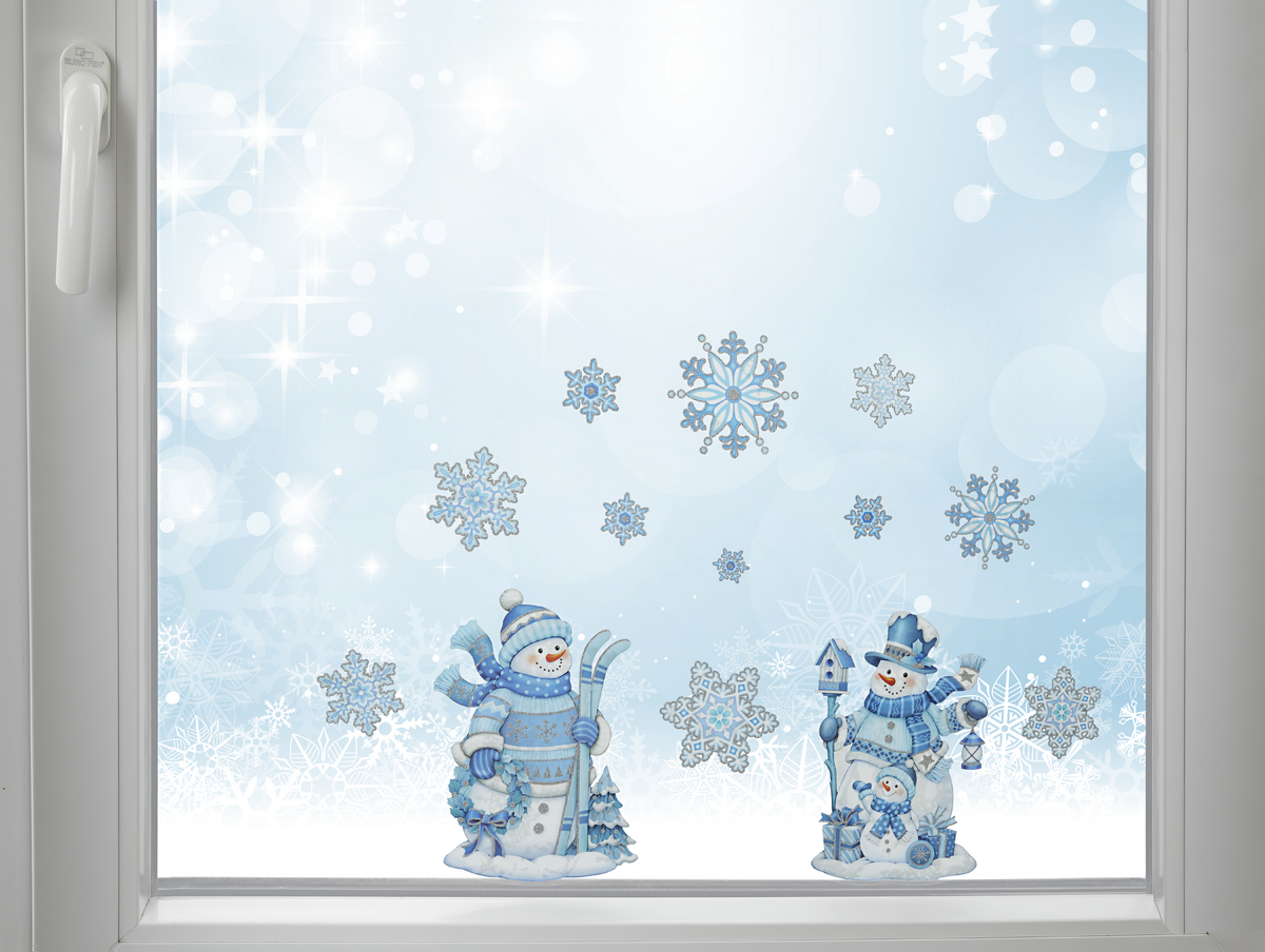 Fenstersticker «Winterfreude» mit Schneemännern und Schneeflocken