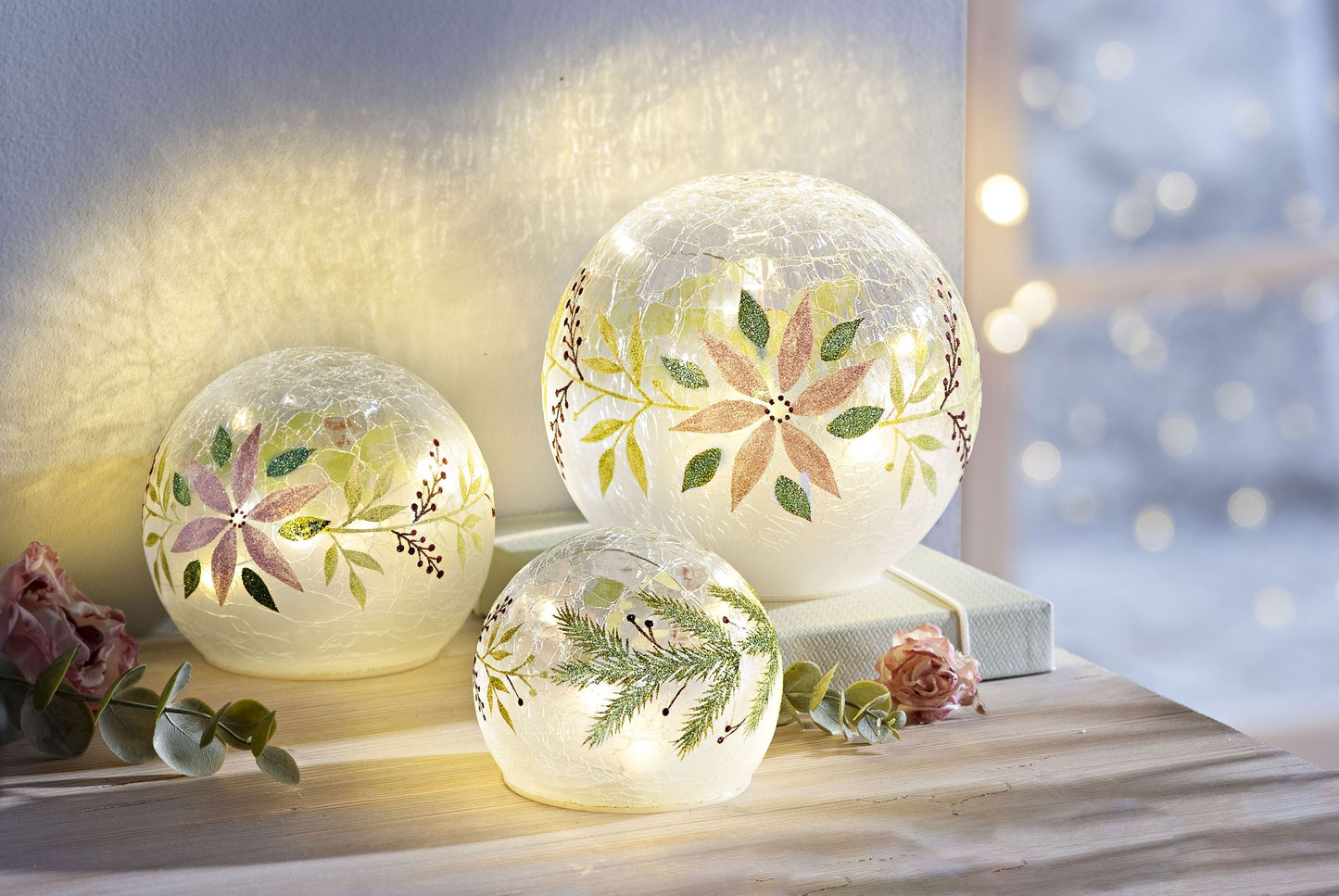 LED-Glaskugeln "Winterflowers", 3er-Set