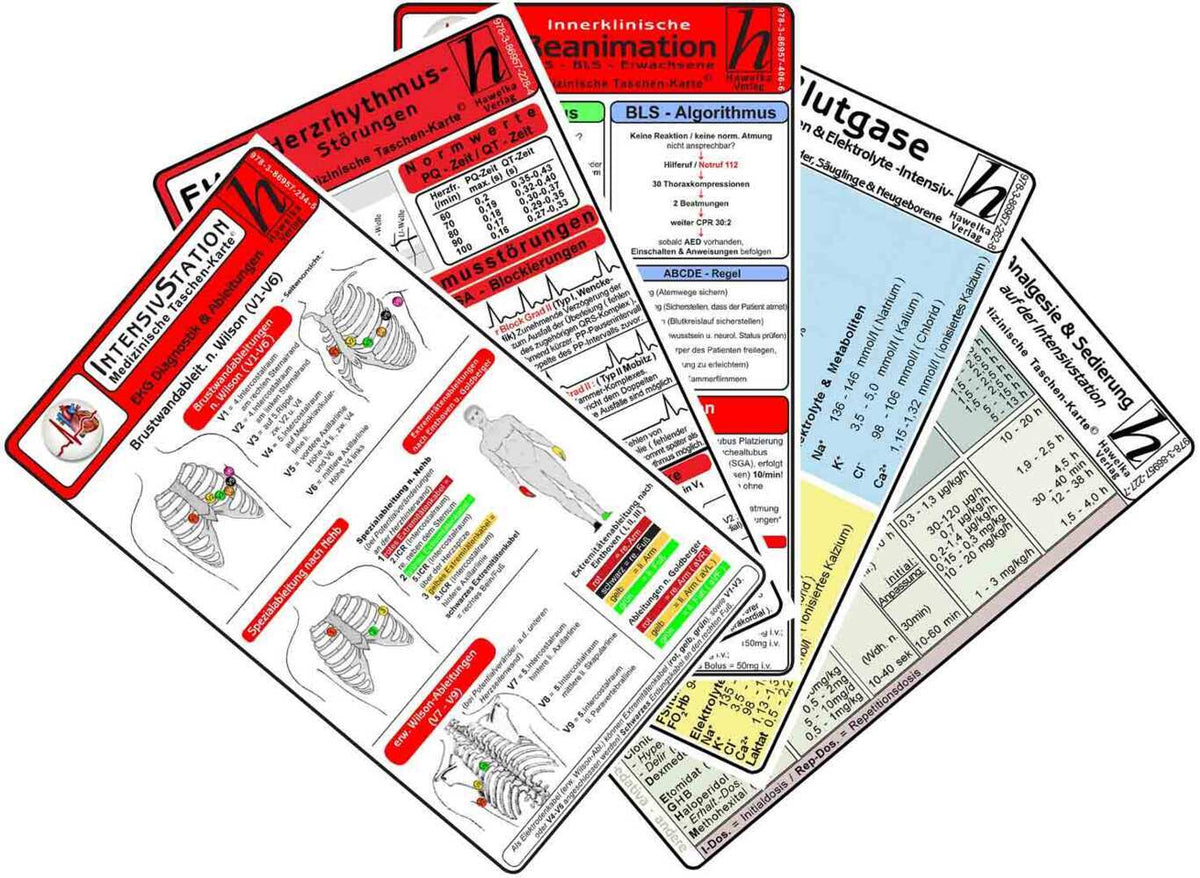 Intensiv-Station Karten-Set - EKG Diagnostik & Ableitungen, Herzrhythmusstörungen, Reanimation - Innerklinisch, Blutgase, Säure-Basen & Elektrolyte -Intensiv-, Analgesie & Sedierung auf der Intensivstation (Verlag Verlag Hawelka)