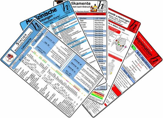 Stations Karten-Set - Laborwerte, Med. Abkürzungen, Medikamente - Haltbarkeit nach Anbruch, Reanimation, EKG Diagnostik & Ableitungen (Verlag Verlag Hawelka)