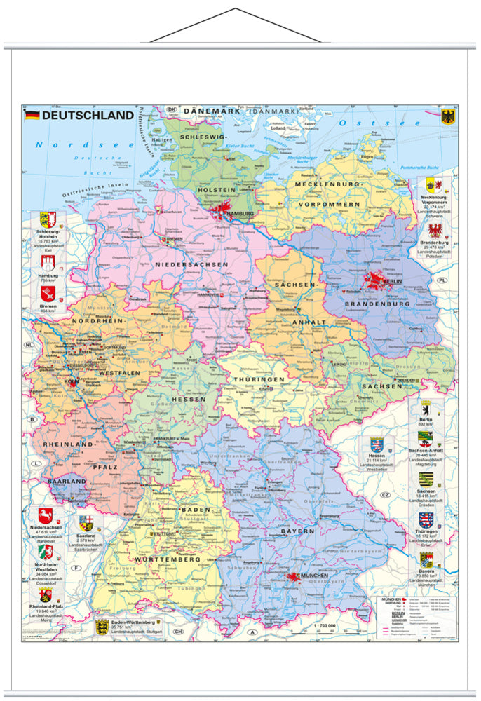 Stiefel Wandkarte Großformat Deutschland politisch mit Wappen