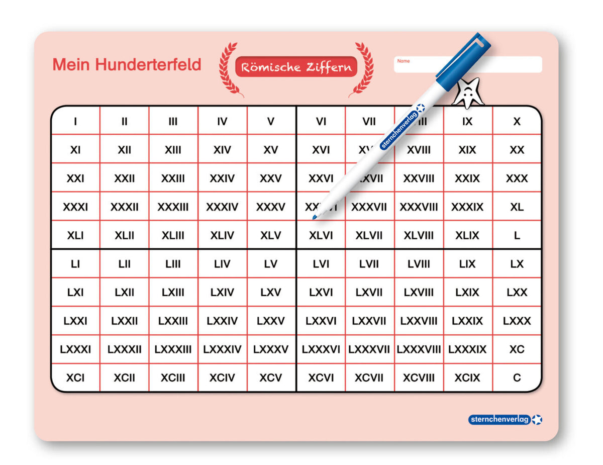 Mein Hunderterfeld - Römische Ziffern und Stift, 1 Lernvorlage mit Spezialstift (Sternchenverlag Gmbh)