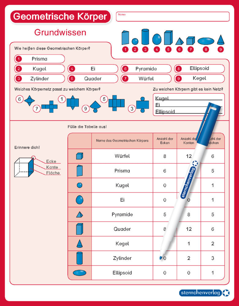 Geometrische Körper - Grundwissen, wiederbeschreibbare Lerntafel mit Stift (Sternchenverlag Gmbh)