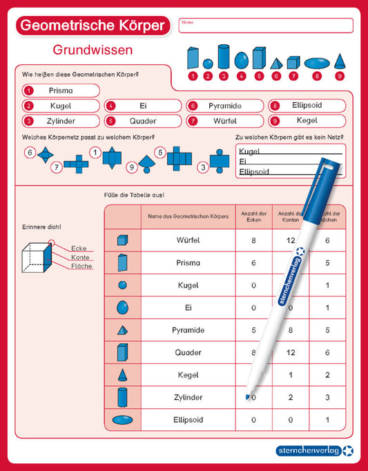 Geometrische Körper - Grundwissen, wiederbeschreibbare Lerntafel mit Stift (Sternchenverlag Gmbh)
