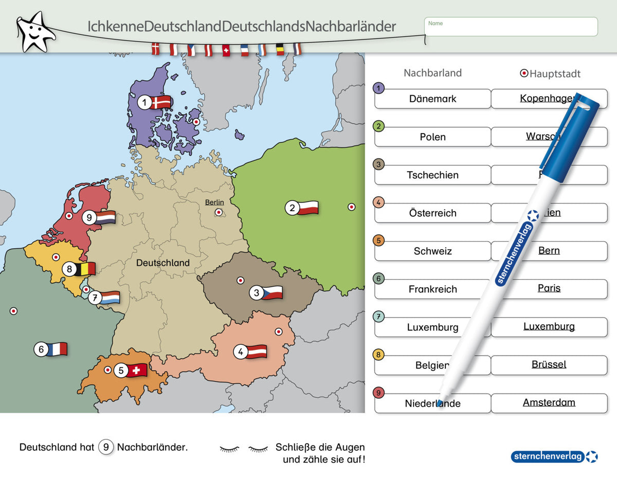 Ich kenne Deutschland - Deutschlands Nachbarländer, Lerntafel mit Stift (Sternchenverlag Gmbh)