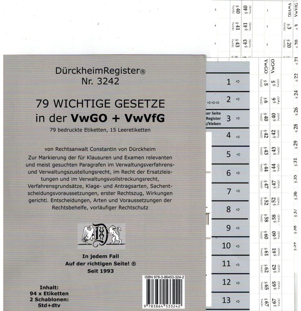DürckheimRegister® VwGO + VwVfG - WICHTIGE §§ Im ÖffR, OHNE Stichworte (Constantin Dürckheim)