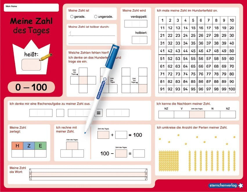 Meine Zahl des Tages 0-100 - wiederbeschreibbare Lerntafel mit Stift - Mathematik (Sternchenverlag Gmbh)