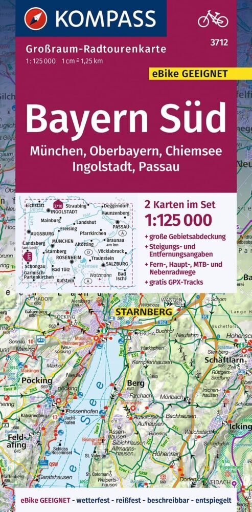 KOMPASS Großraum-Radtourenkarte 3712 Bayern Süd, Oberbayern, Chiemsee, Ingolstadt, Passau, München, 1:125.000