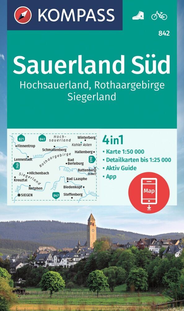 KOMPASS Wanderkarte 842 Sauerland Süd, Hochsauerland, Rothaargebirge, Siegerland 1:50.000